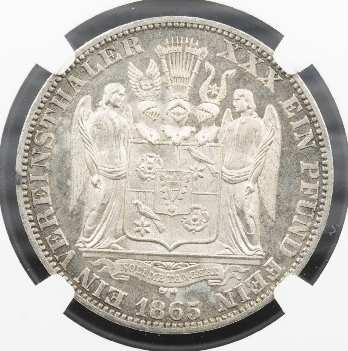 万国钱币拍卖第005期 1865年德国绍姆堡-利普镜面天使1泰勒，pl难得，略有低评，越来越难找到好品的品种。