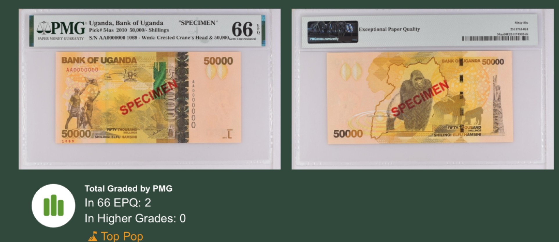 收藏联盟Quantum Auction 第246期拍卖 乌干达2010年50000先令样票 PMG66 冠军分 初版稀少