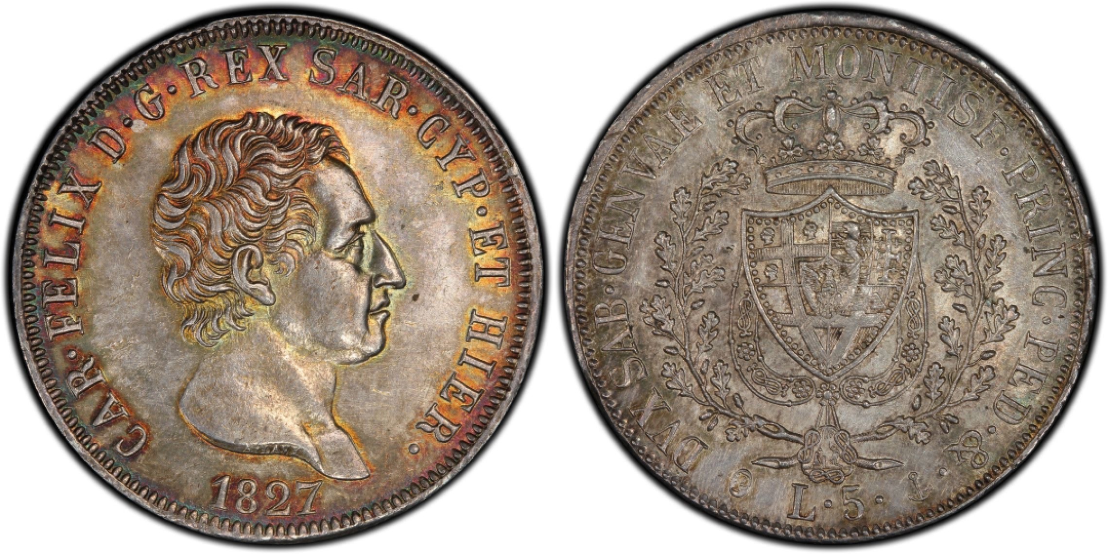 万国钱币拍卖第005期 意大利萨丁王国1827年P厂5里拉，亚军分，包浆绚丽，底板整洁，pcgs封面币，克劳斯目录ms60价格为1550美金