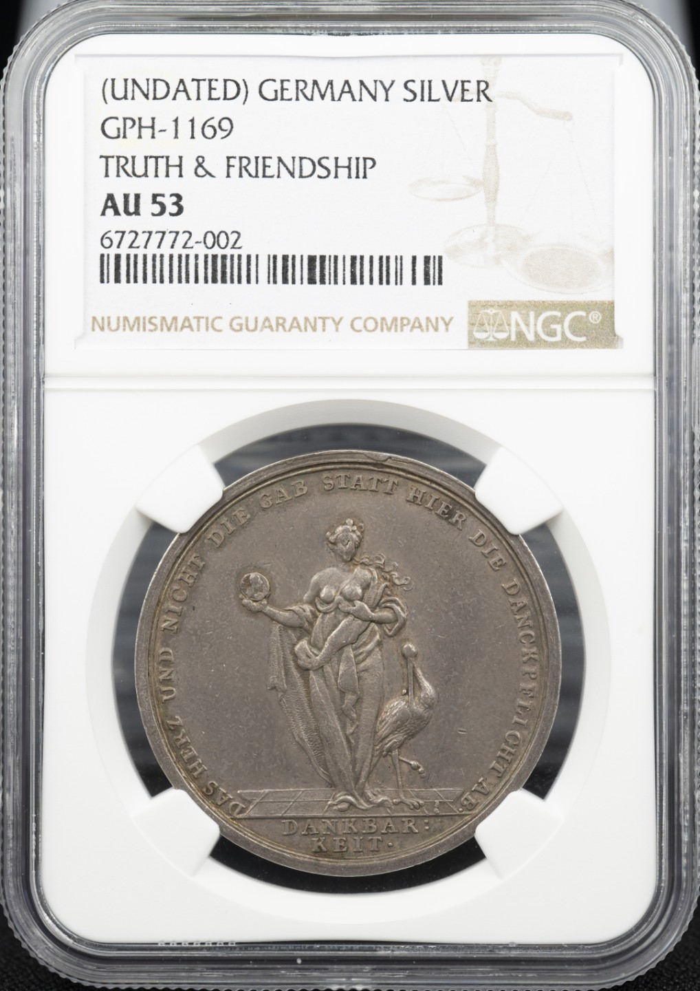 万国钱币拍卖第005期 德国1750年OJ设计真理与友谊纪念银章，37MM