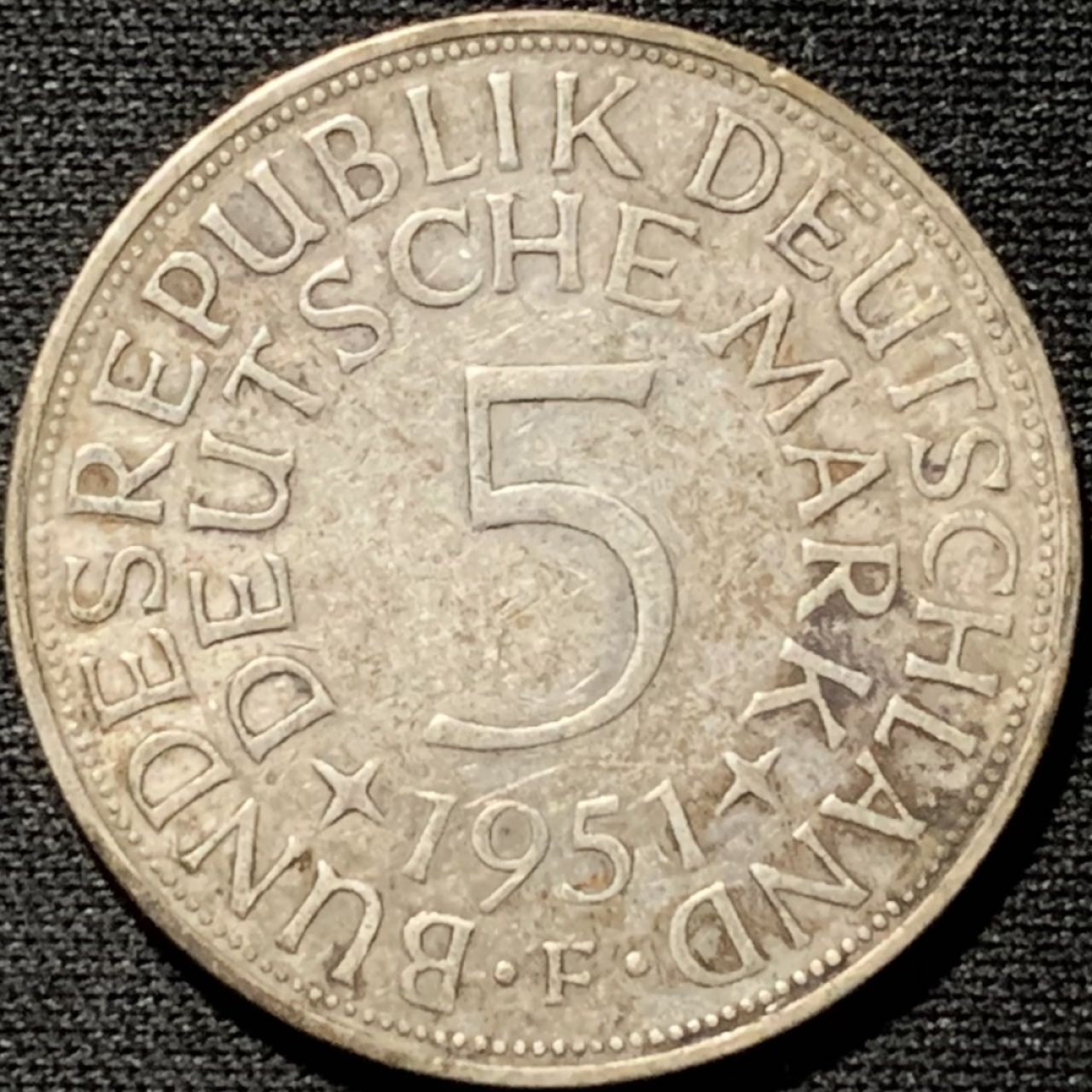 紫瑗钱币——第264期拍卖 联邦德国 1951年 F厂 流通 5马克 11.2 0.625银