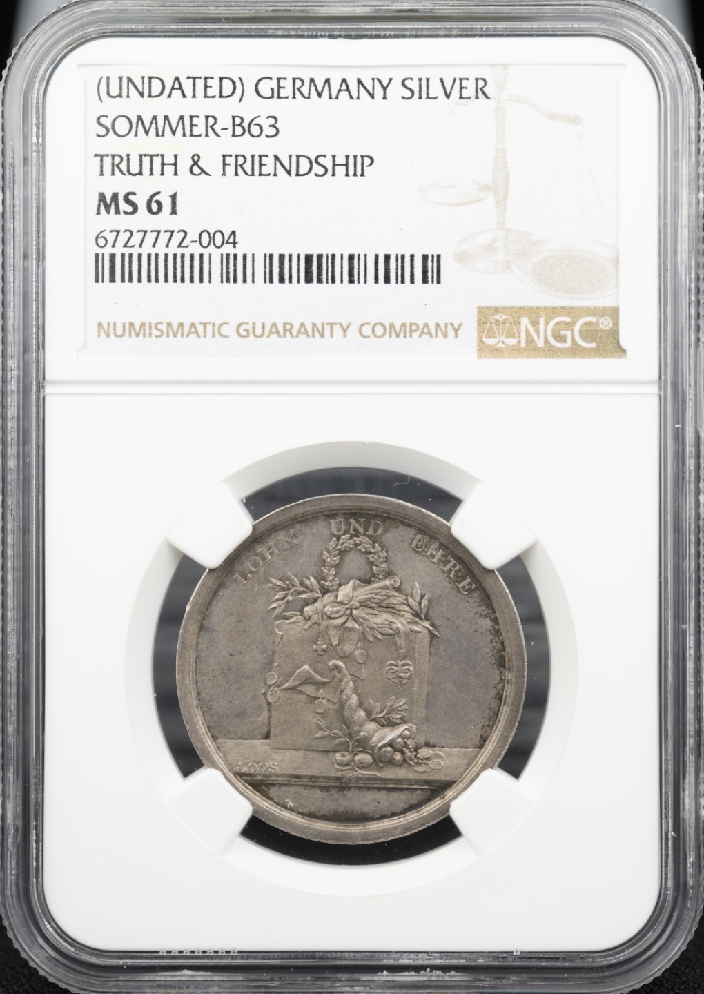 万国钱币拍卖第005期 德国1800年LOOS名家设计奖励与荣誉纪念银章，具有勤奋属性的柱子和带有月桂和聚宝盆，30MM