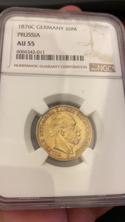 万国钱币拍卖第005期 德意志帝国普鲁士1876年C厂（法兰克福造）20马克金币，打制犀利，非常少见的特年，即便是在德国本土也难得一件，此枚已是亚军分，冠军为AU58，重7.97克，900金