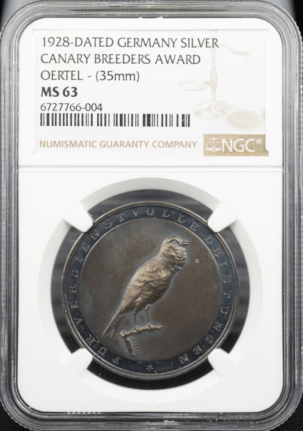 万国钱币拍卖第005期 1928德国魏玛共和国观鸟协会金丝雀观鸟纪念银章，36MM，原盒取出