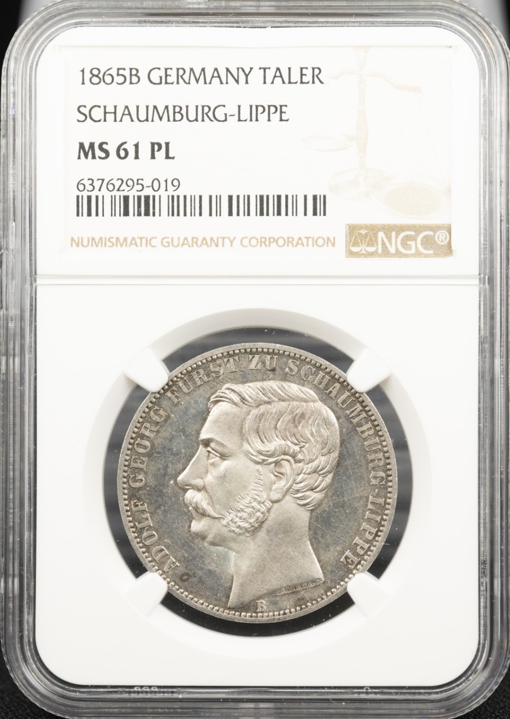 万国钱币拍卖第005期 1865年德国绍姆堡-利普镜面天使1泰勒，pl难得，略有低评，越来越难找到好品的品种。