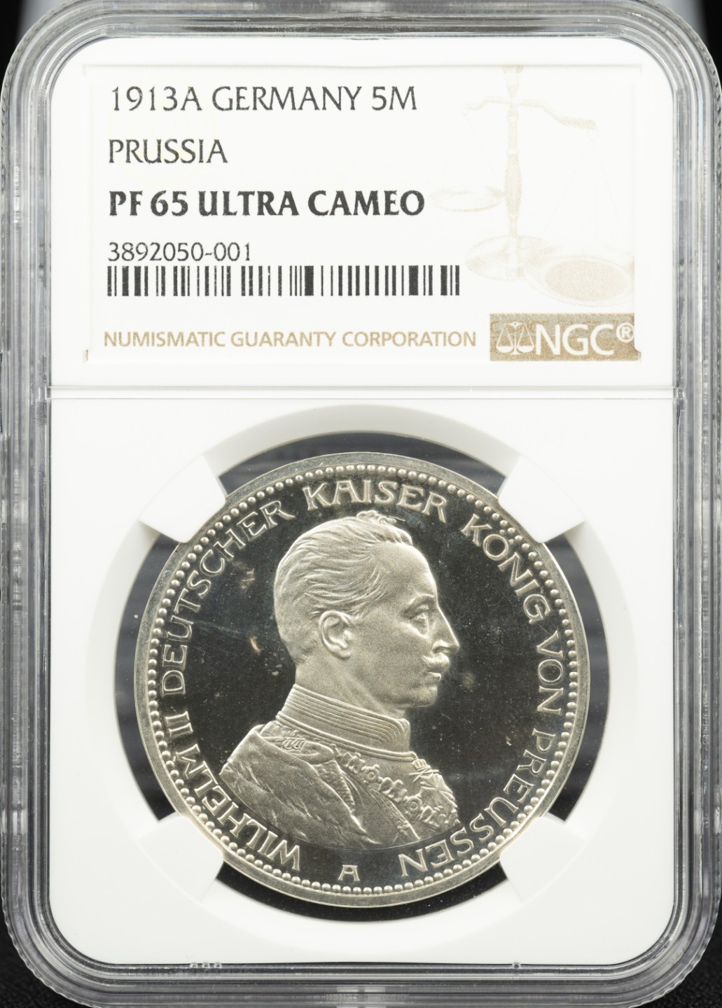 万国钱币拍卖第005期 1913德国普鲁士威廉二世军装5马克，超级镜面品，上手绝对惊艳的一枚