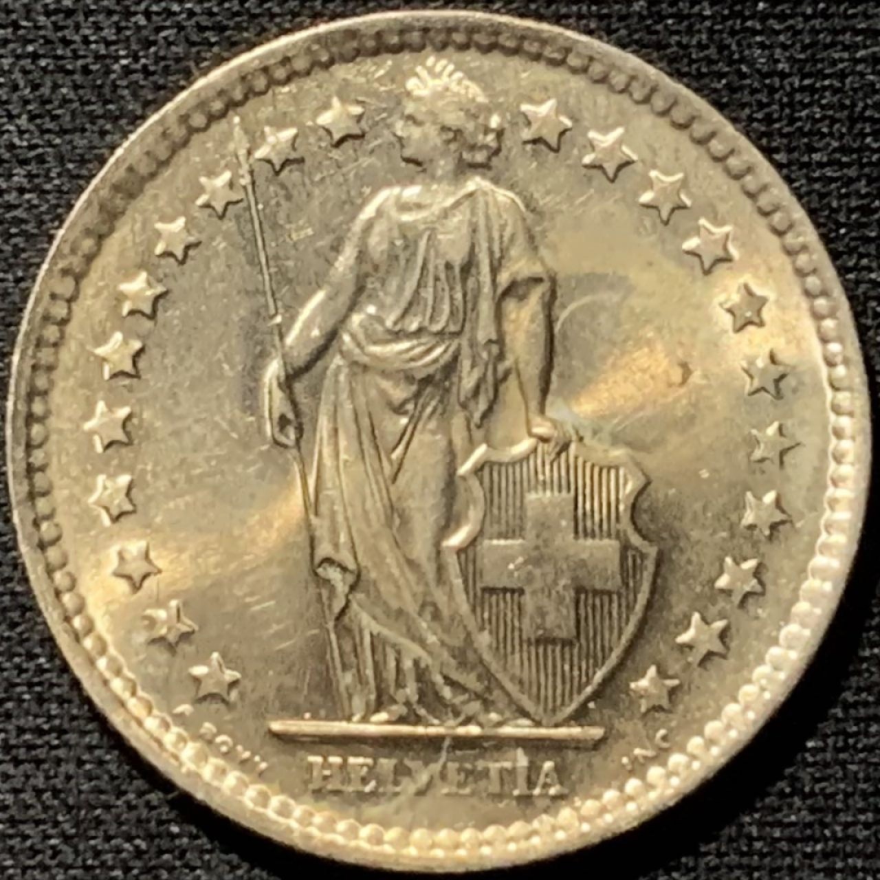 紫瑗钱币——第264期拍卖 瑞士 1963年 赫尔维蒂亚 2法郎 10克 0.835银 UNC 金黄包浆