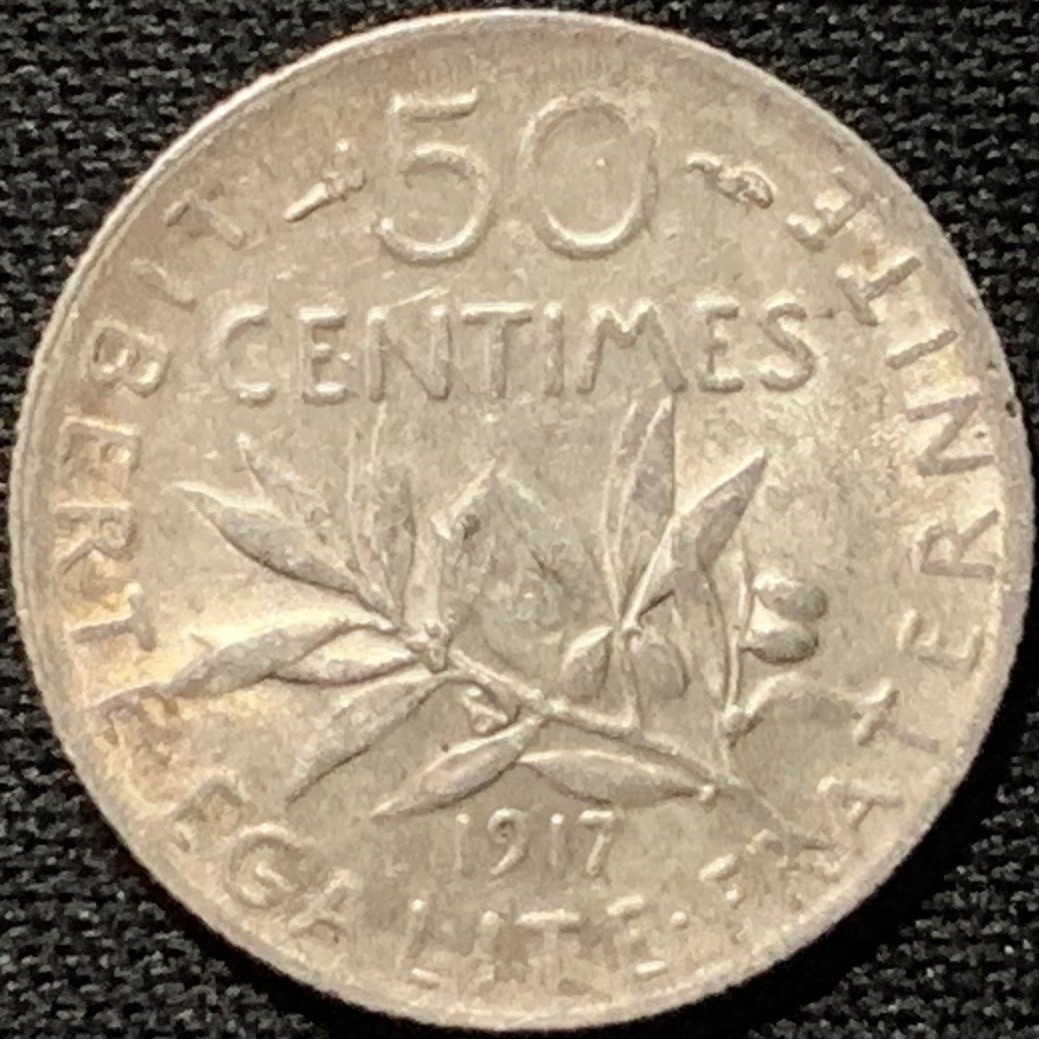 紫瑗钱币——第264期拍卖 法国 1917年 播种女神 50分 2.5克 0.835银