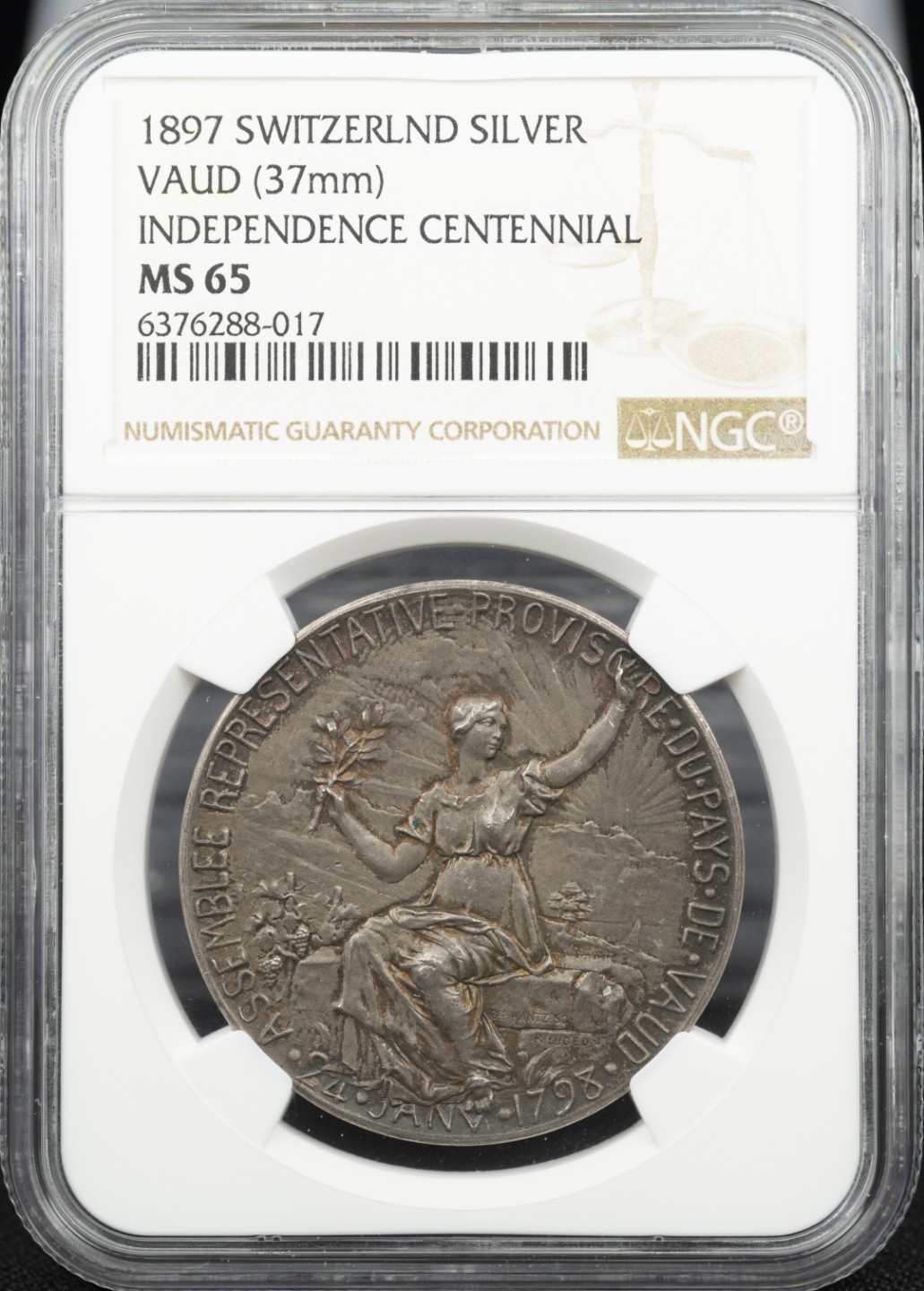 万国钱币拍卖第005期 1897年瑞士独立百年纪念女神大银章，顶级品相，一步到位的藏品，37MM,24G