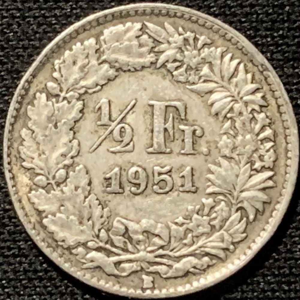 紫瑗钱币——第264期拍卖 瑞士 1951年 赫尔维蒂亚 1/2法郎 2.5克 0.835银