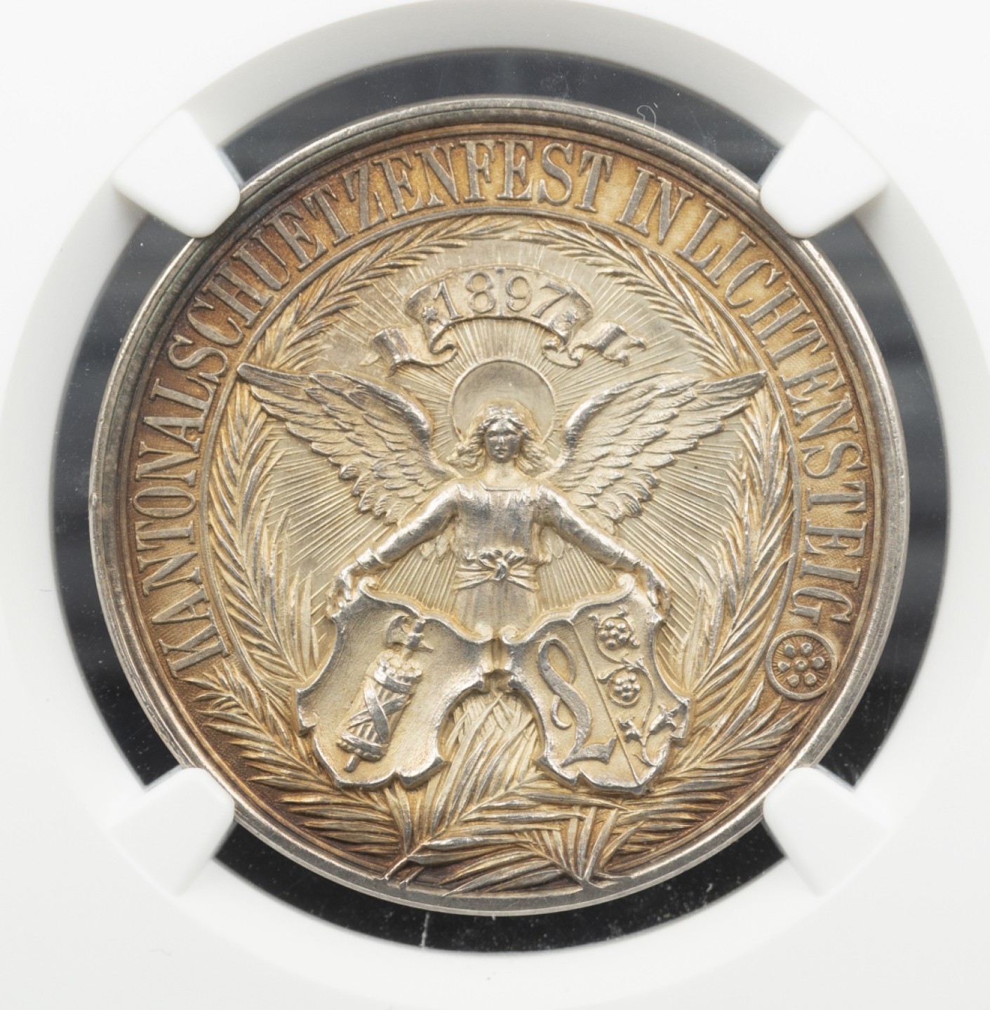 万国钱币拍卖第005期 1897瑞士圣加仑-列支敦士登射击节天使银章