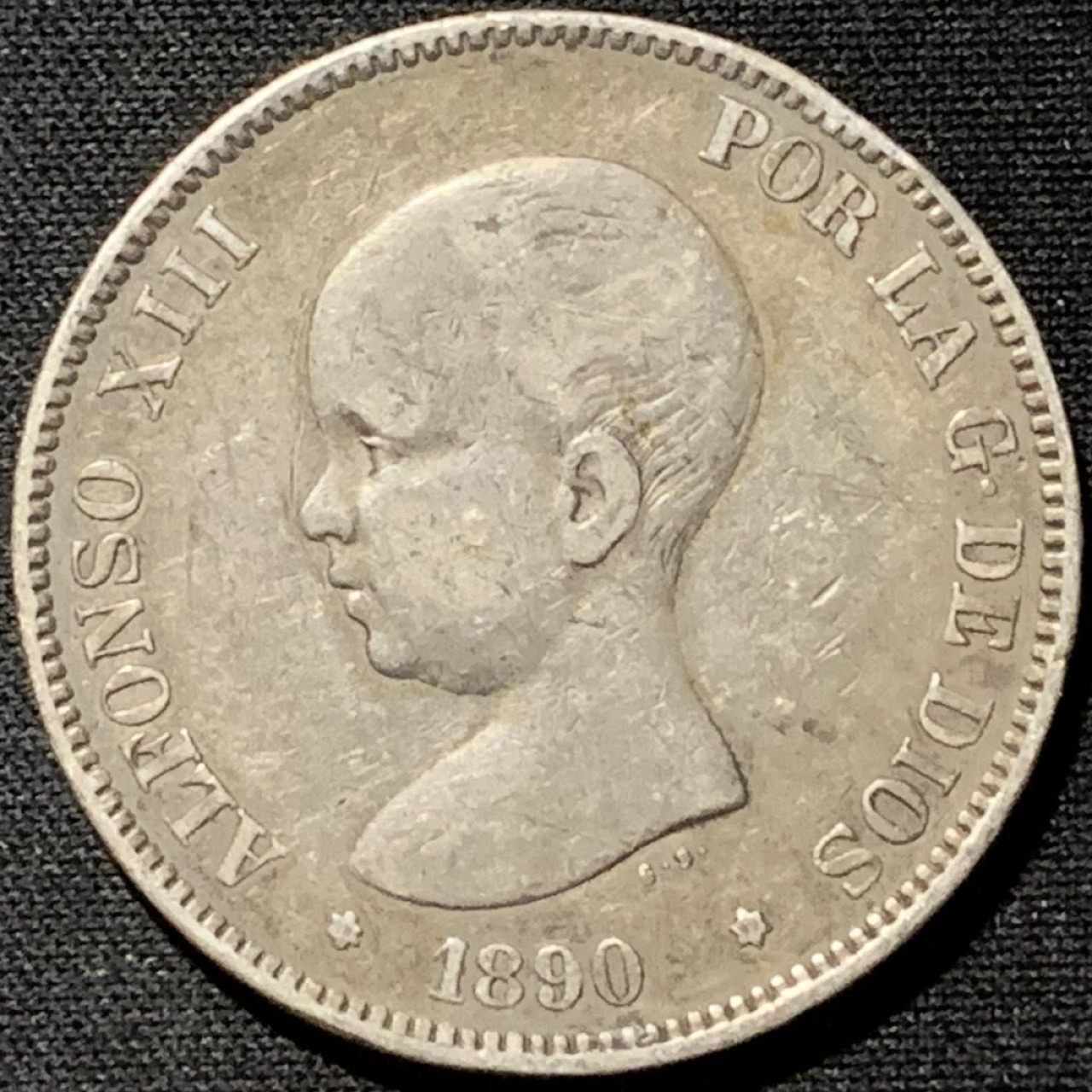 紫瑗钱币——第264期拍卖 西班牙 1890年 阿方索十三世 婴儿头 5比塞塔 25克 0.9银