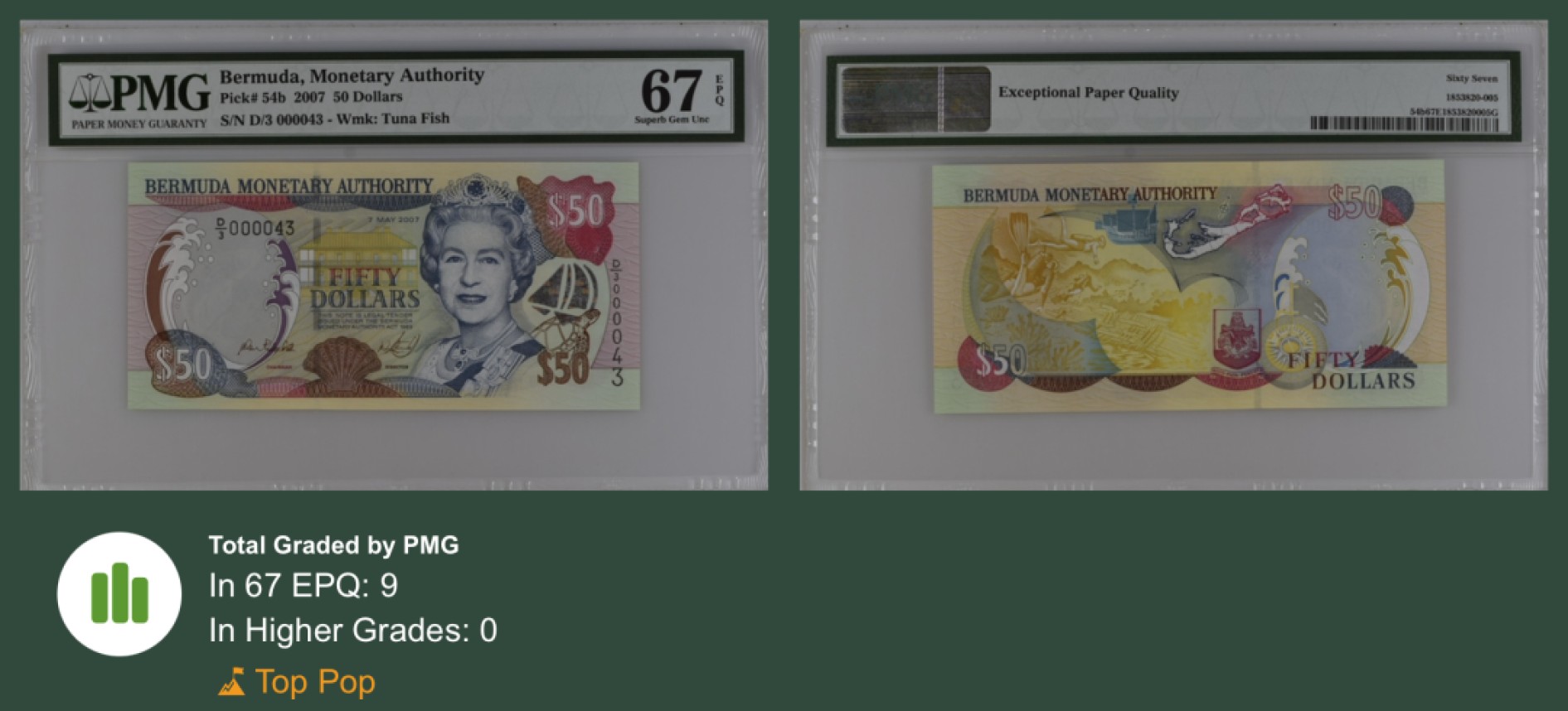 收藏联盟Quantum Auction 第246期拍卖 百慕大2007年50元 PMG67 冠军分 小号