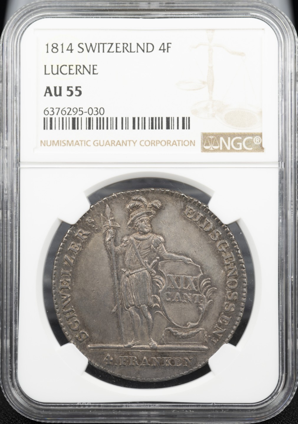 万国钱币拍卖第005期 1814瑞士卢瑟恩雇佣兵4法郎大银，原味包浆，低评状态。