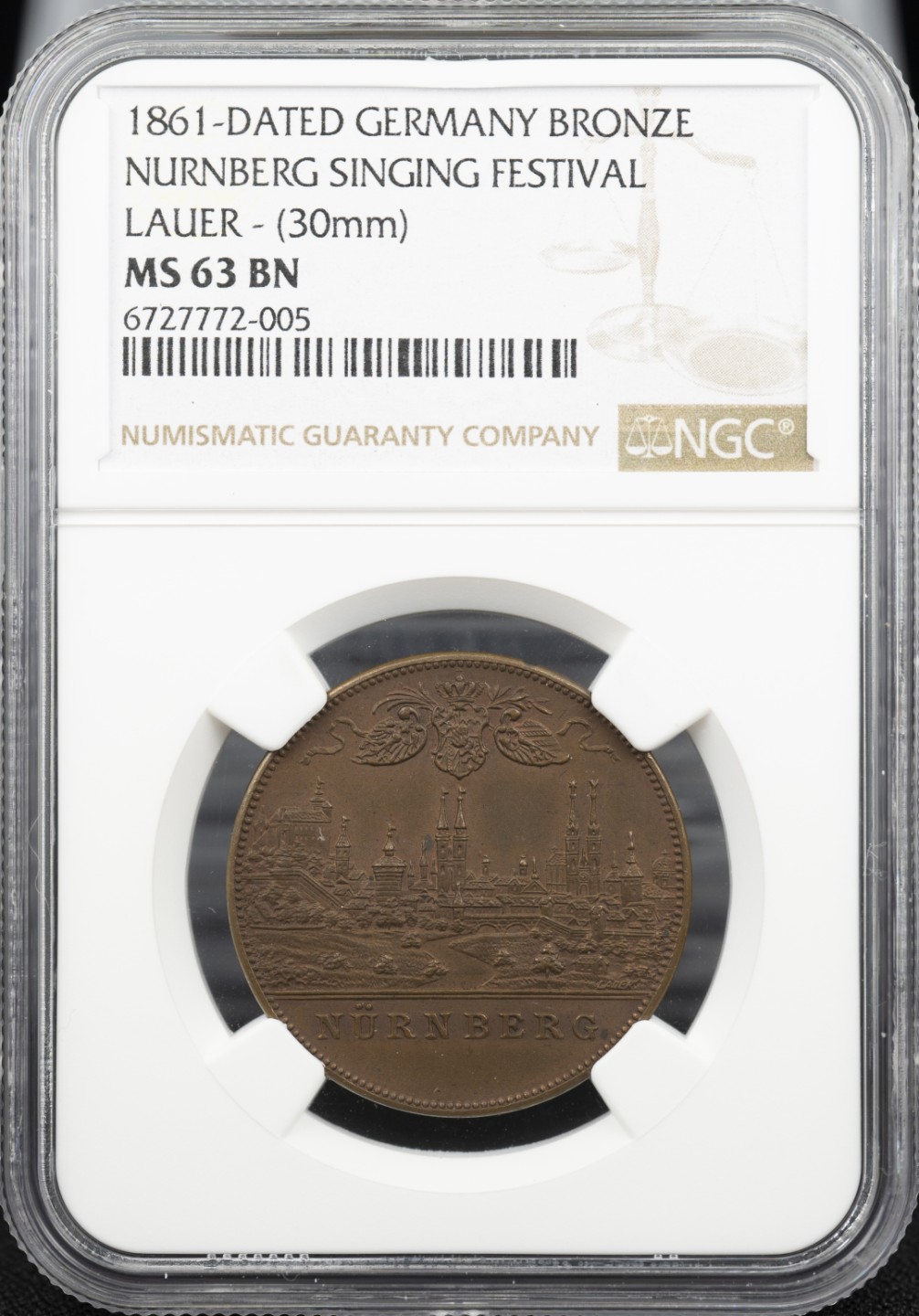 万国钱币拍卖第005期 1861年德国纽伦堡歌唱节城市景观纪念铜章，31MM
