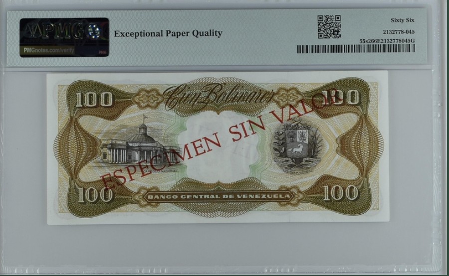 收藏联盟Quantum Auction 第246期拍卖 委瑞内拉1976年100玻利瓦尔样票 PMG66 冠军分