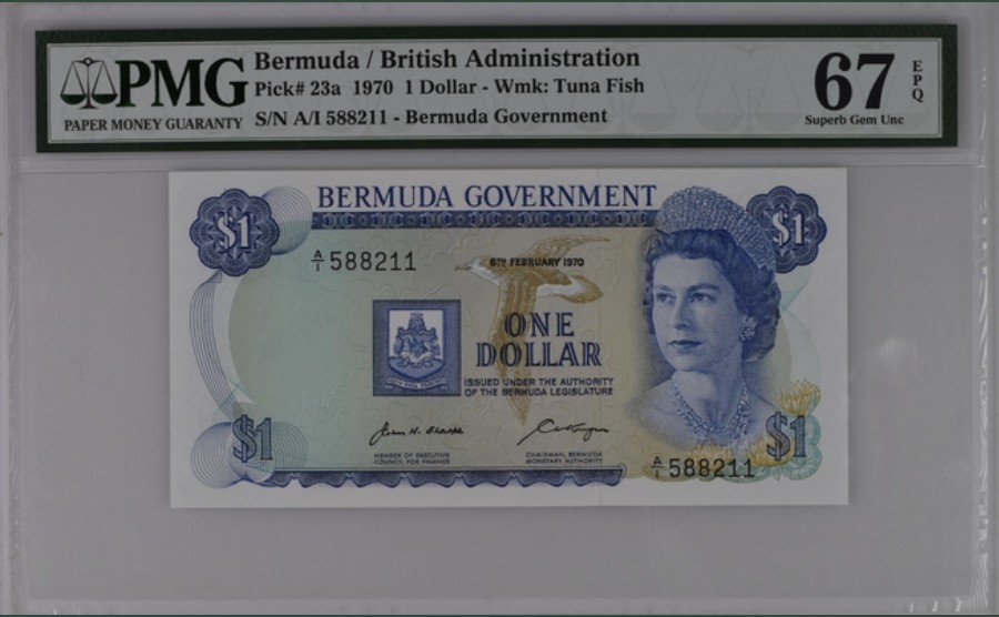 收藏联盟Quantum Auction 第246期拍卖 百慕大1970年1元 PMG67 初版首发冠