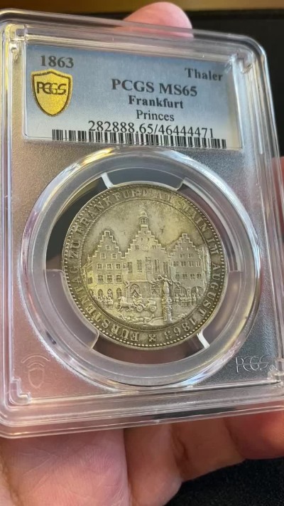万国钱币拍卖第005期 1863法兰克福王子议会1泰勒银币，高分五彩，原汁原味，非常难得，ha同分白币1200美金成交