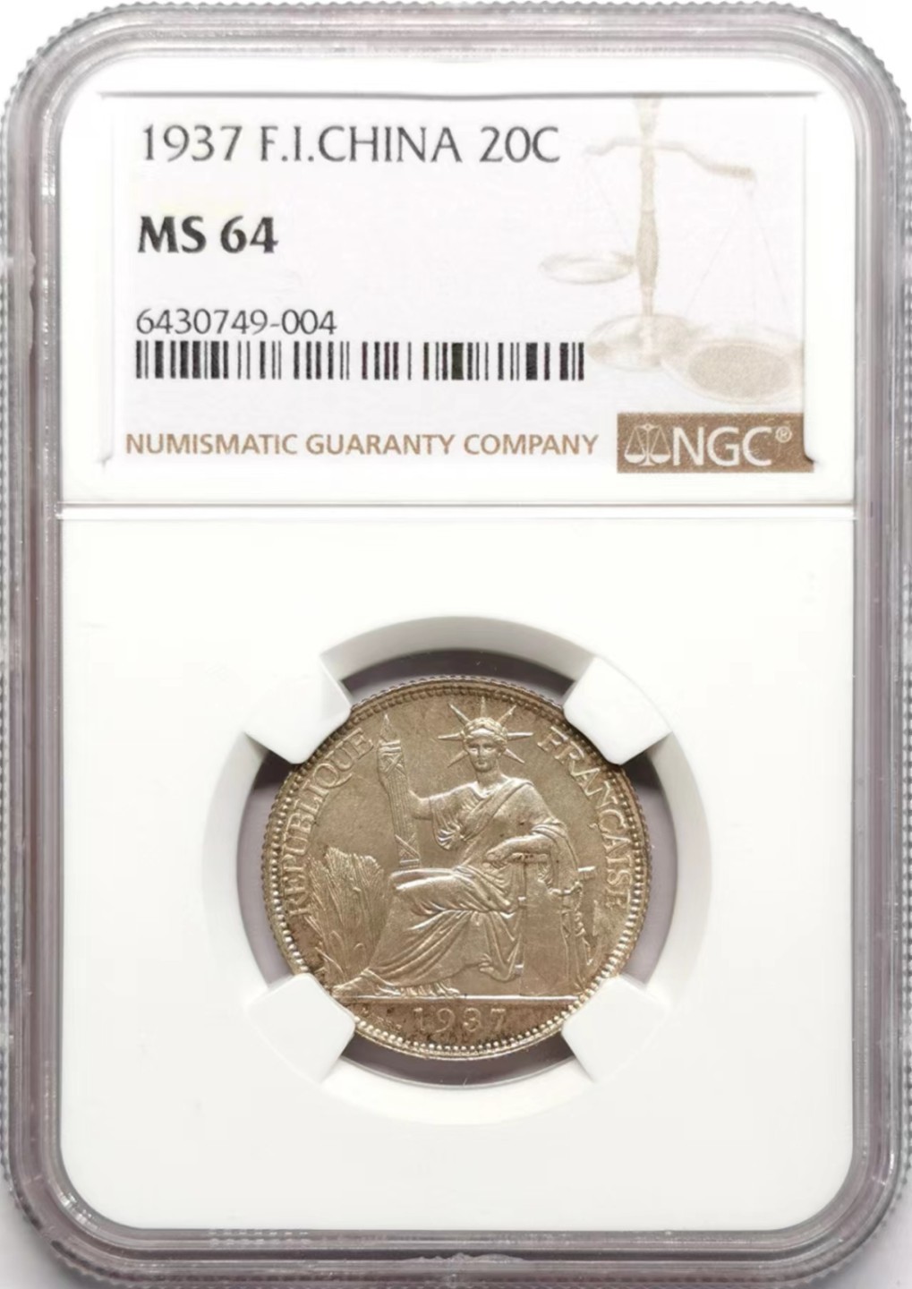 凡希社世界钱币微拍第二百三十四期 1937法属印度支那20分银辅币NGC-MS64粉光淡彩！