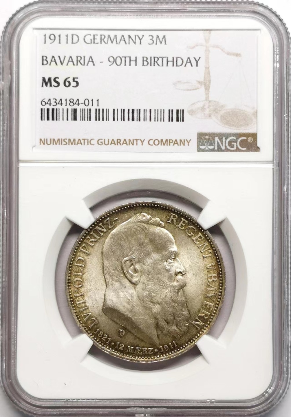 凡希社世界钱币微拍第二百三十四期 1911巴伐利亚90寿辰纪念3马克NGC-MS65