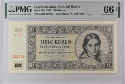《张总收藏》96期——世界最佳纸币 - 捷克斯洛伐克1945年稀少实票1000克朗PMG66E亚军分无47 冠军67分仅1张 大票幅非常漂亮 雕刻精美