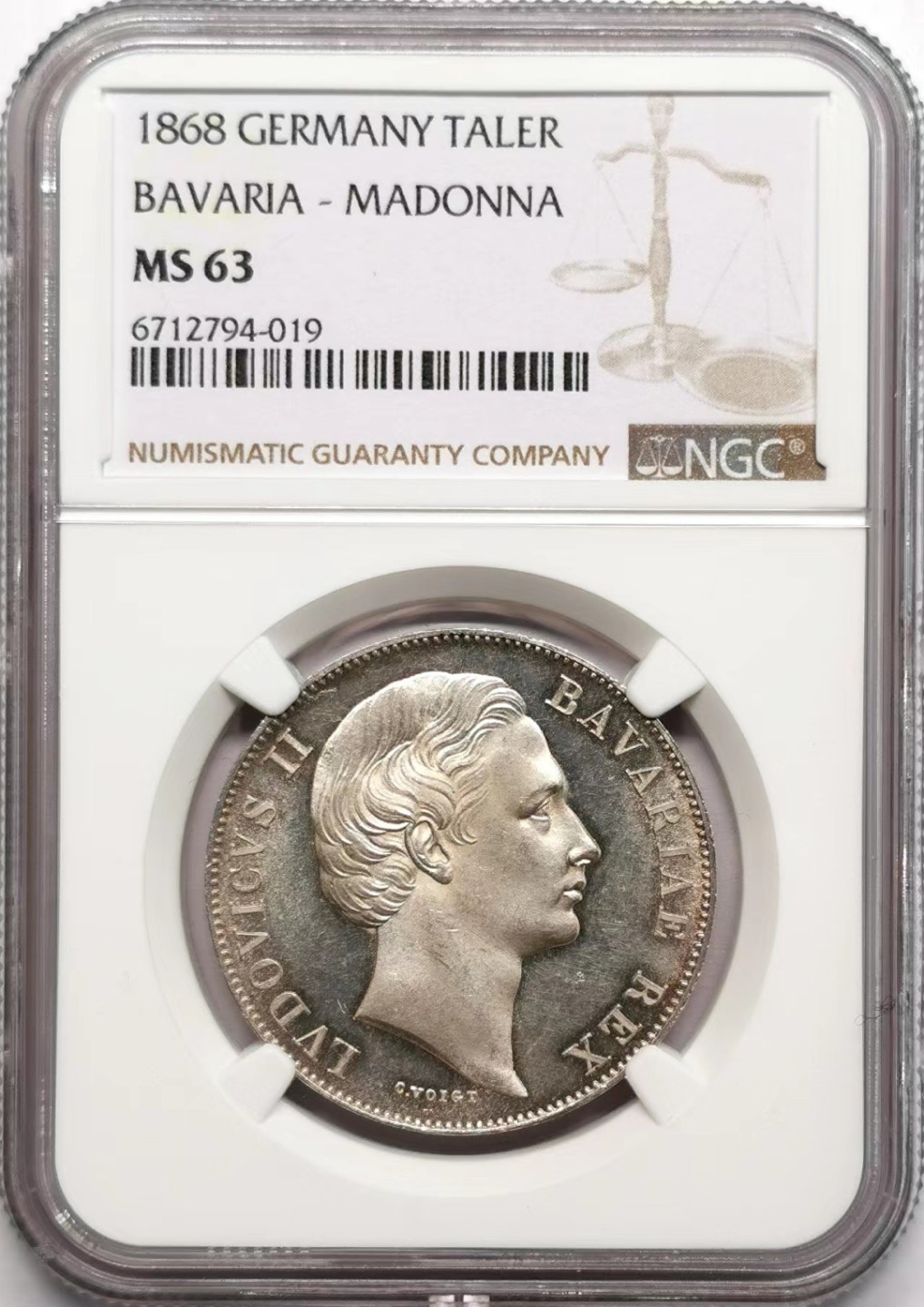 凡希社世界钱币微拍第二百三十四期 1868巴伐利亚圣母子泰勒NGC-MS63压铸状态极佳！