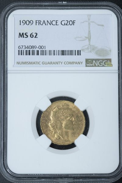 火彩社NGC、PCGS评级币专场拍卖 无底0佣金 欧洲各国金银币等 - NGC MS62 1909年 法国高卢雄鸡 20法郎金币