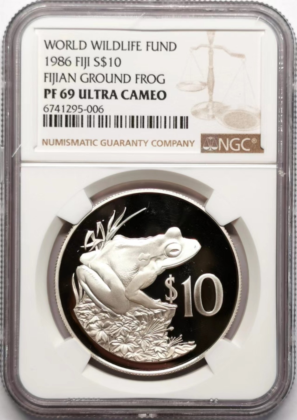 凡希社世界钱币微拍第二百三十四期 1986斐济WWF青蛙10元精铸大银NGC-PF69UC