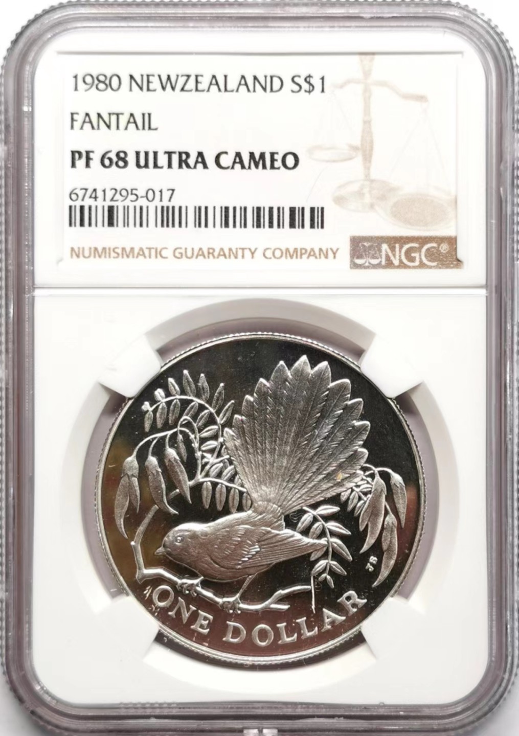 凡希社世界钱币微拍第二百三十四期 1980新西兰扇尾鹟壹元精铸大银NGC-PF68UC