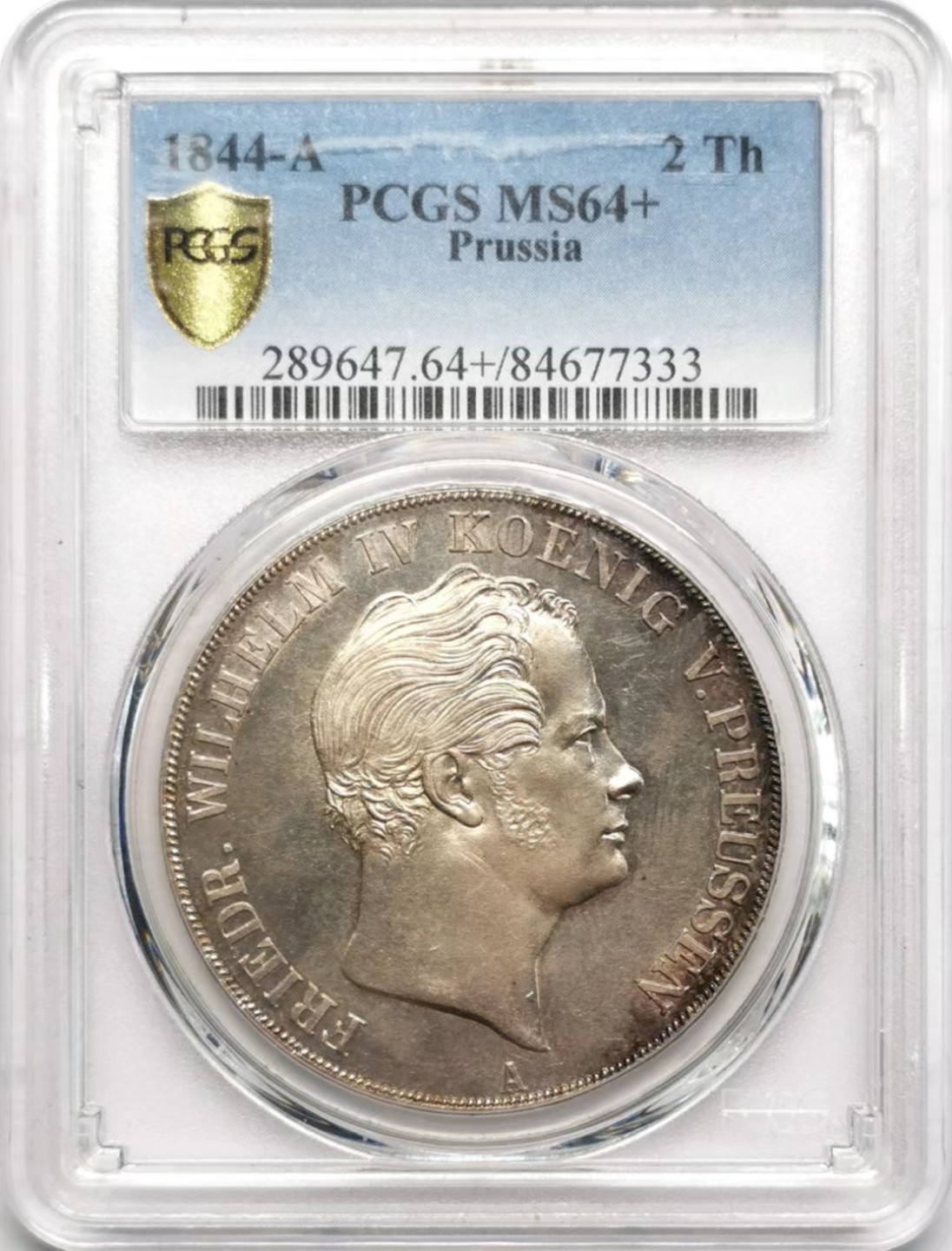 凡希社世界钱币微拍第二百三十四期 荐！1844普鲁士威廉四世纹章2泰勒PCGS-MS64+灰彩银光收藏级！