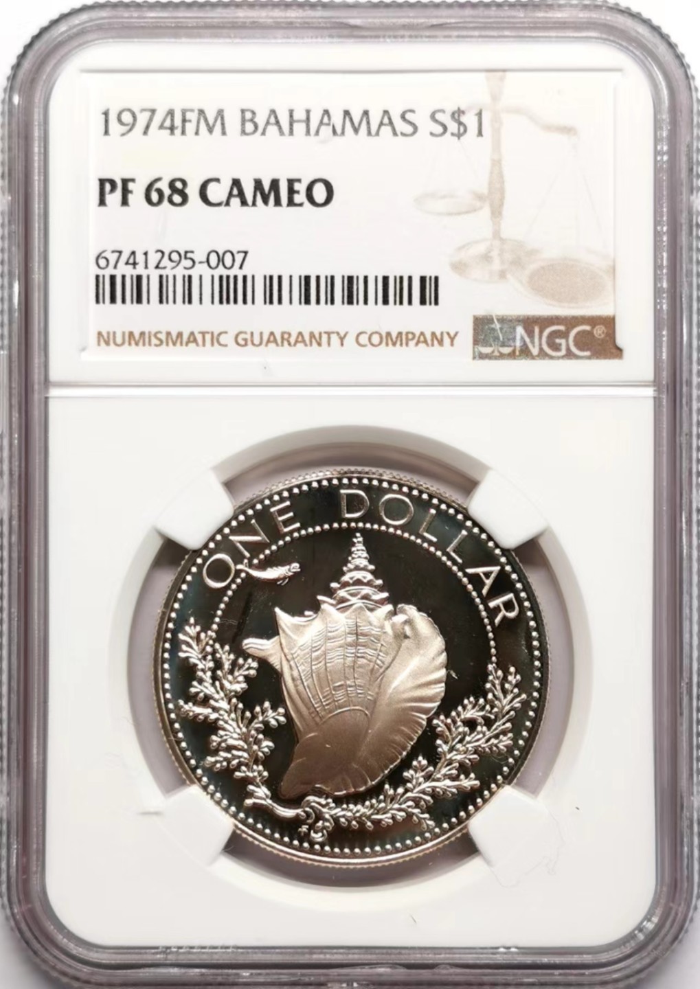 凡希社世界钱币微拍第二百三十四期 1974年巴哈马海螺壹元精铸大银NGC-PF68UC