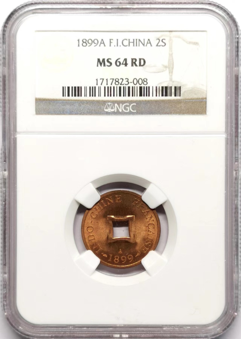 凡希社世界钱币微拍第二百三十四期 1899法属安南当二方孔铜元NGC-MS64RD原色铜光！