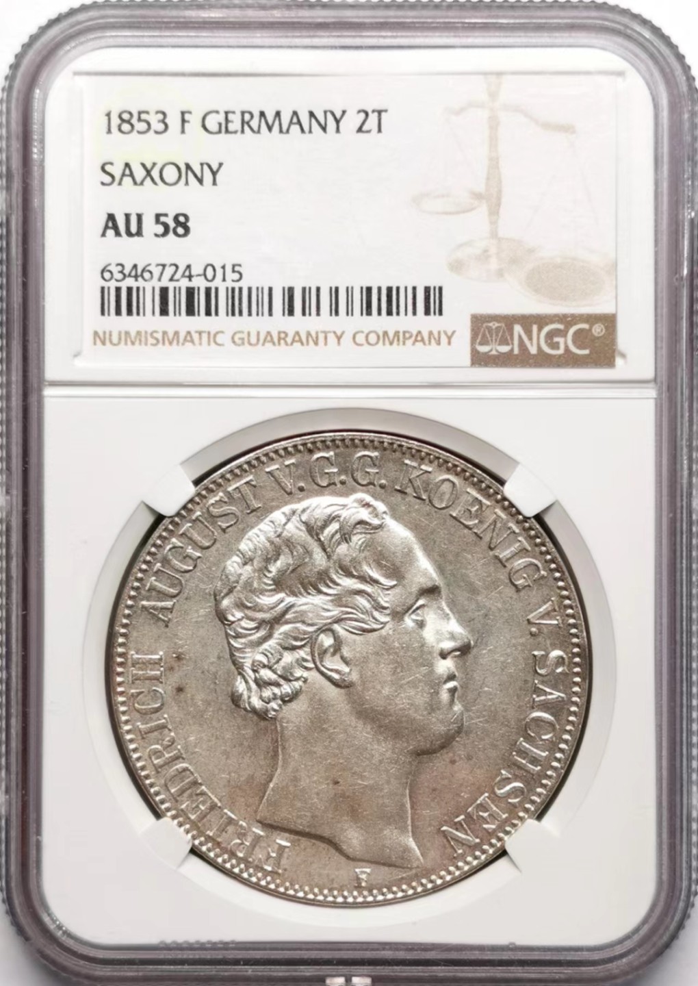 凡希社世界钱币微拍第二百三十四期 1853萨克森王家纹章2泰勒大银NGC-AU58