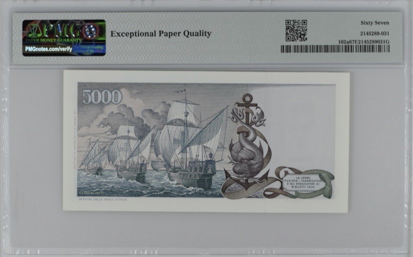 收藏联盟Quantum Auction 第246期拍卖 意大利1975年5000里拉 PMG67 哥伦布 号码无47 倒置号