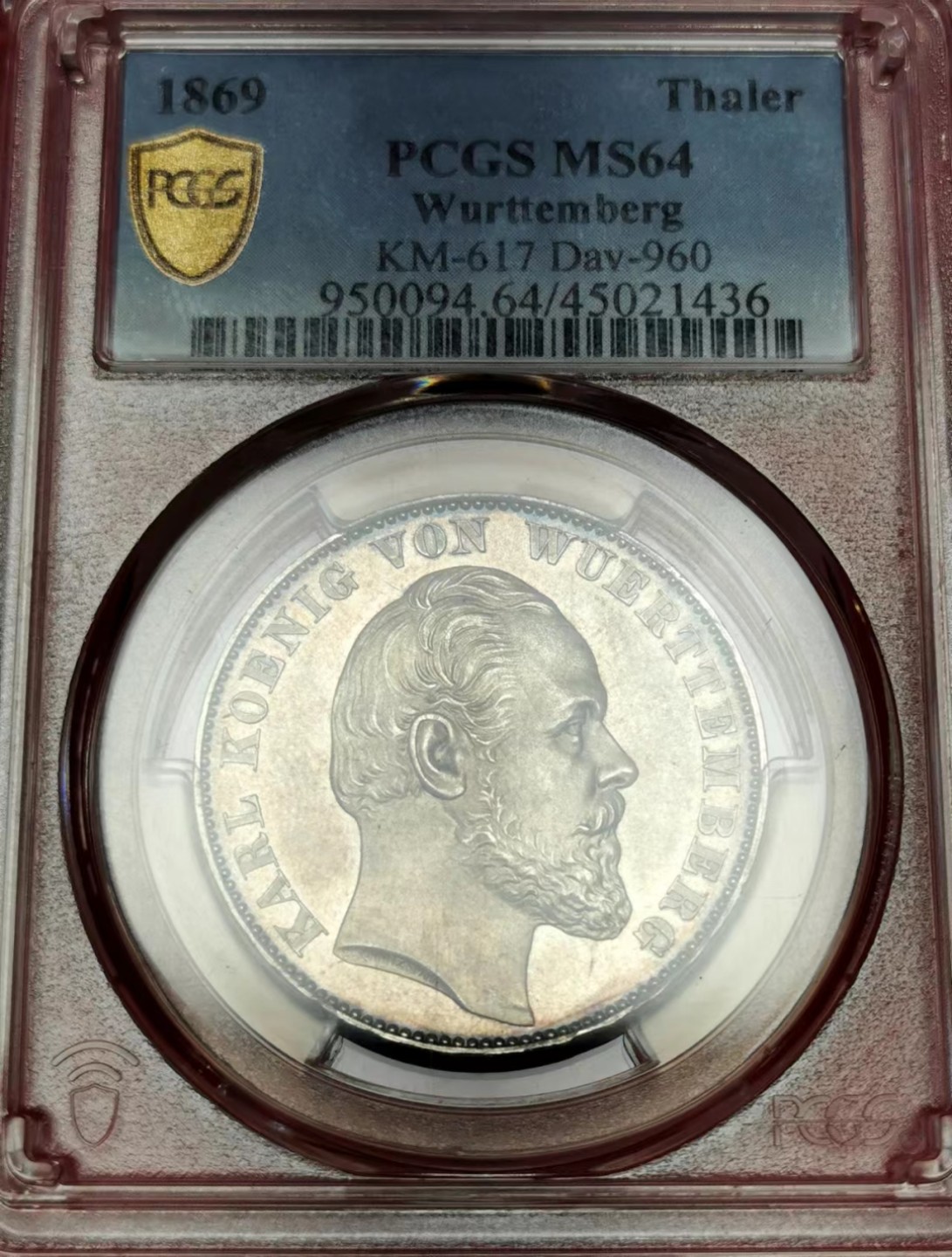 凡希社世界钱币微拍第二百三十四期 荐！1869符腾堡狮鹿盾徽泰勒PCGS-MS64淡彩粉光！