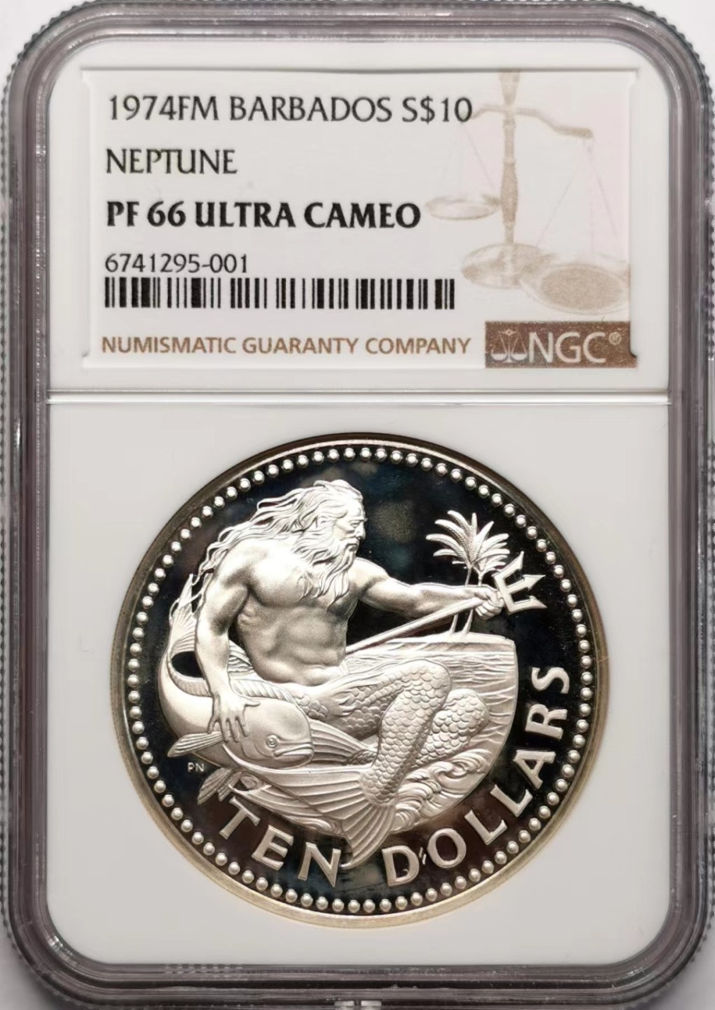 凡希社世界钱币微拍第二百三十四期 1974巴巴多斯海神10元精铸大银NGC-PF66UC