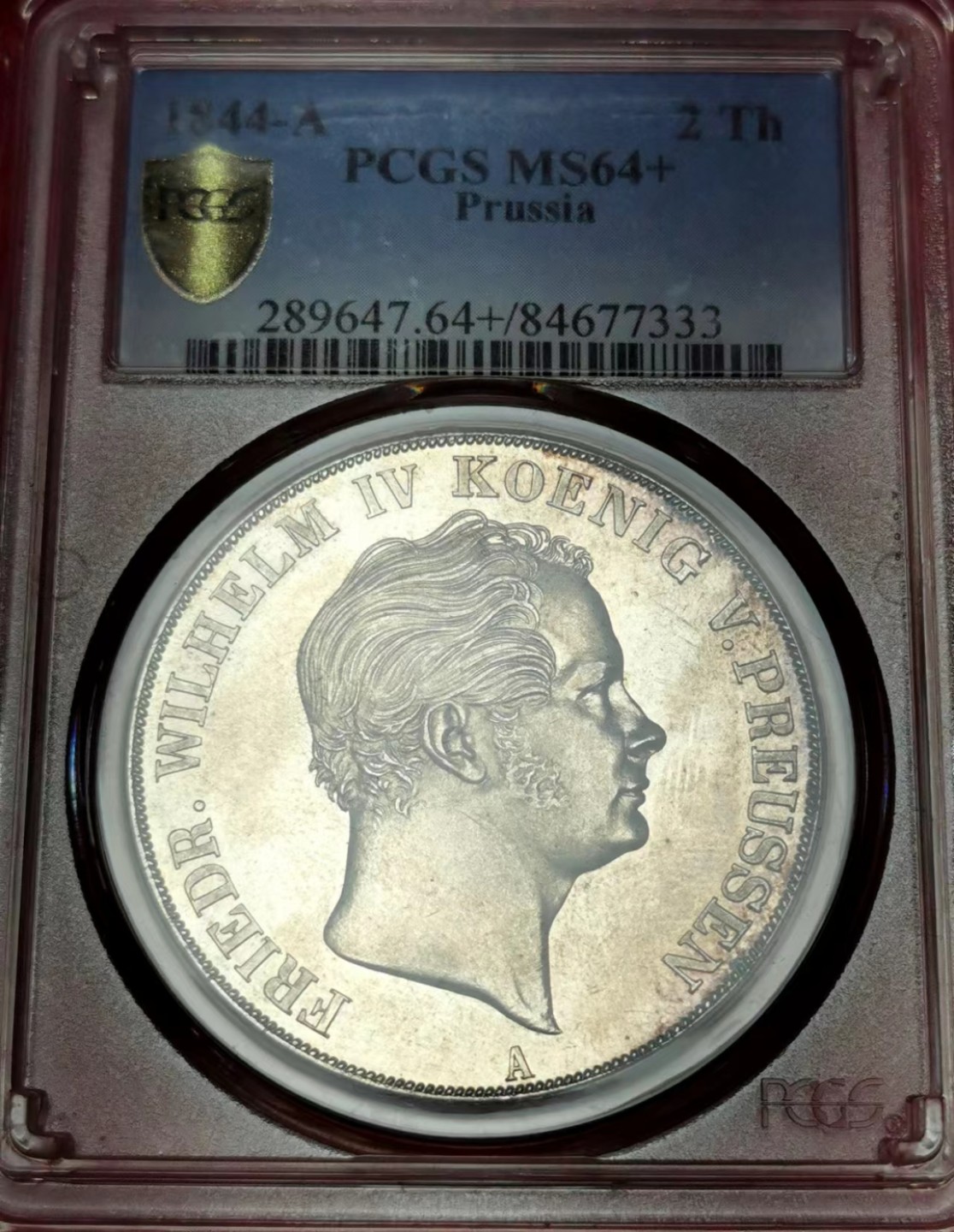 凡希社世界钱币微拍第二百三十四期 荐！1844普鲁士威廉四世纹章2泰勒PCGS-MS64+灰彩银光收藏级！