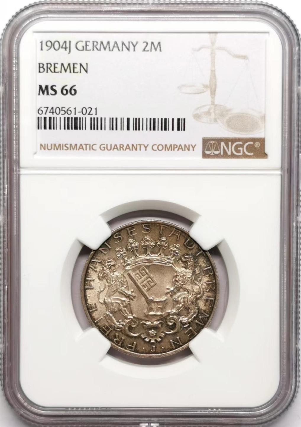 凡希社世界钱币微拍第二百三十四期 1904J不来梅2马克NGC-MS66美包浆！