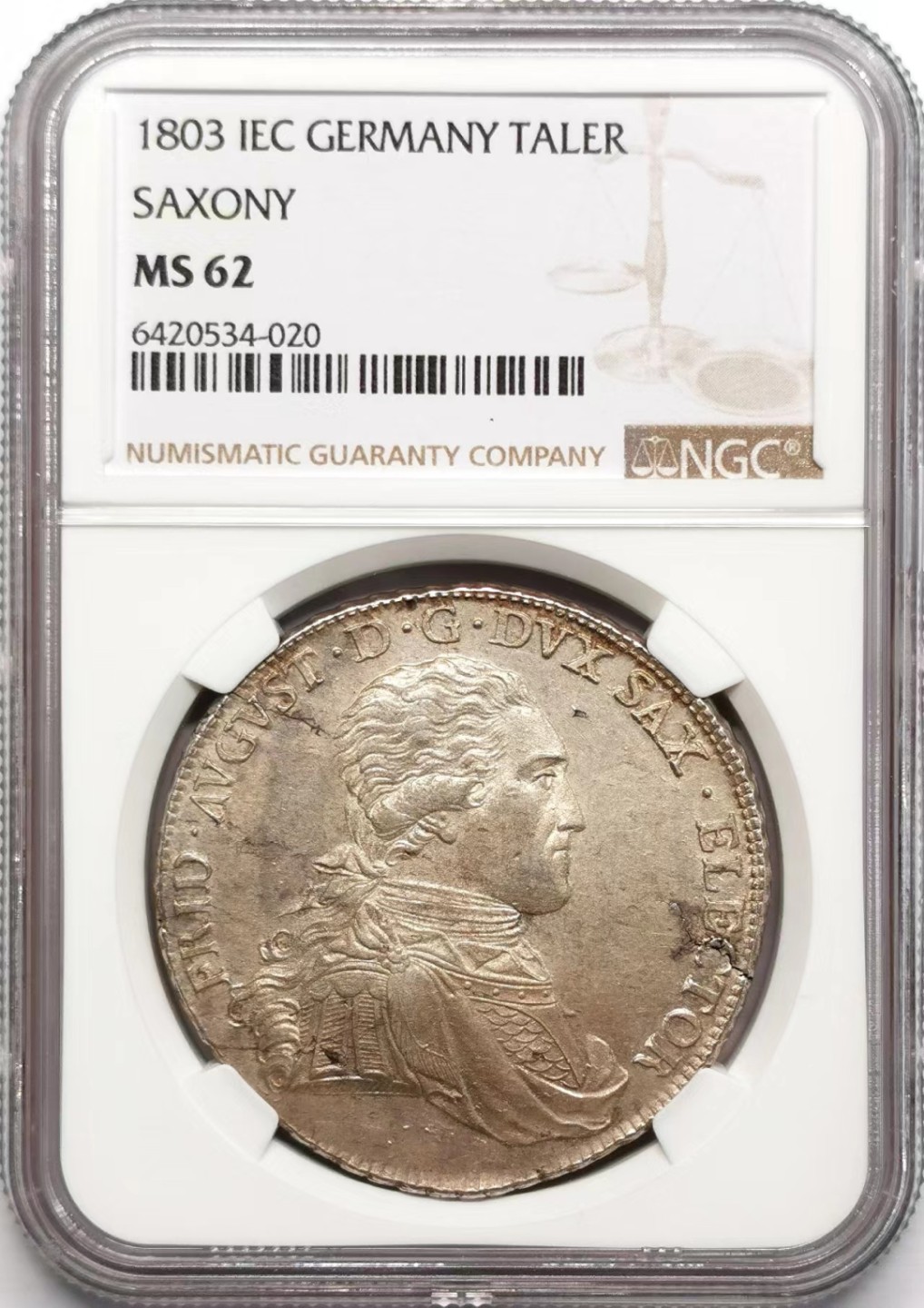 凡希社世界钱币微拍第二百三十四期 1803萨克森奥古斯特泰勒大银NGC-MS62浅色黄光！