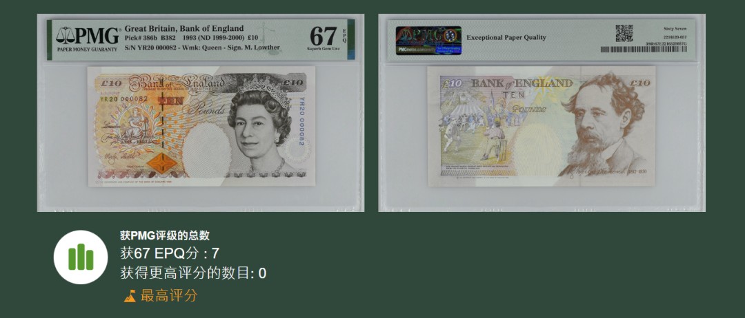 《张总收藏》96期——世界最佳纸币 英国E序列初版2000年特殊年份限量版10镑PMG67E冠军分十位82号 带原装册