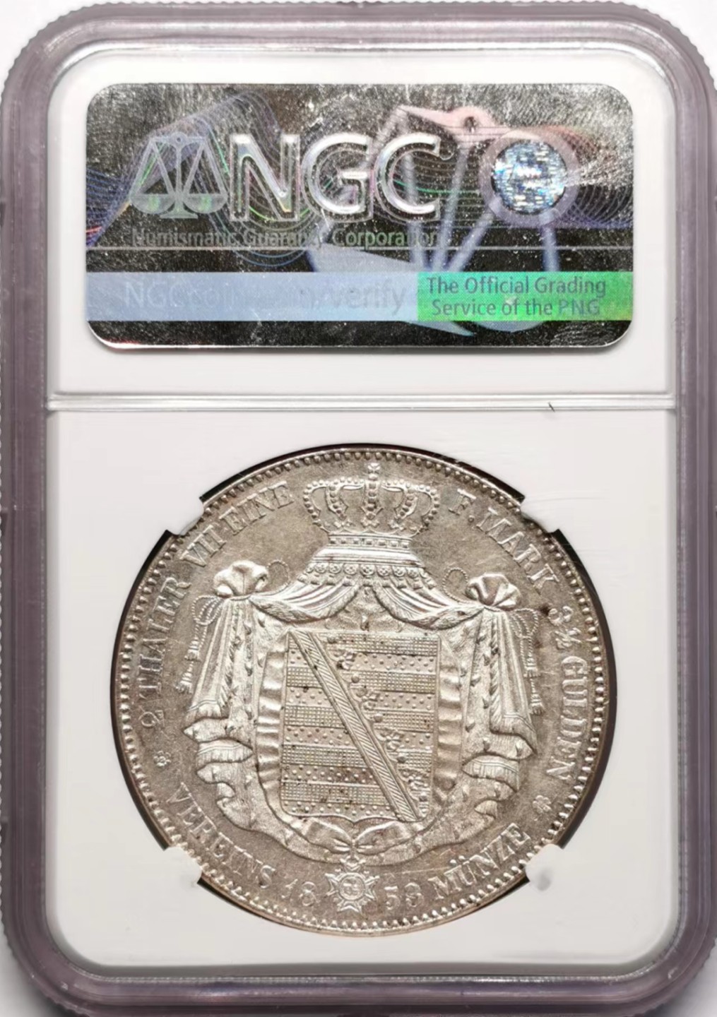 凡希社世界钱币微拍第二百三十四期 1853萨克森王家纹章2泰勒大银NGC-AU58