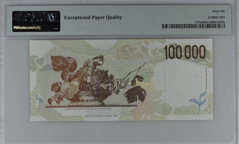 收藏联盟Quantum Auction 第246期拍卖 意大利1994年100000里拉 PMG66 号码无47 名画《水果篮》