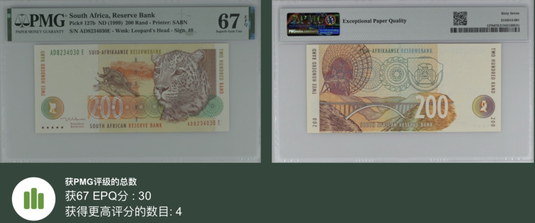 《张总收藏》96期——世界最佳纸币 南非200兰特 PMG67E 1999年最大面值 亚军分 非洲豹