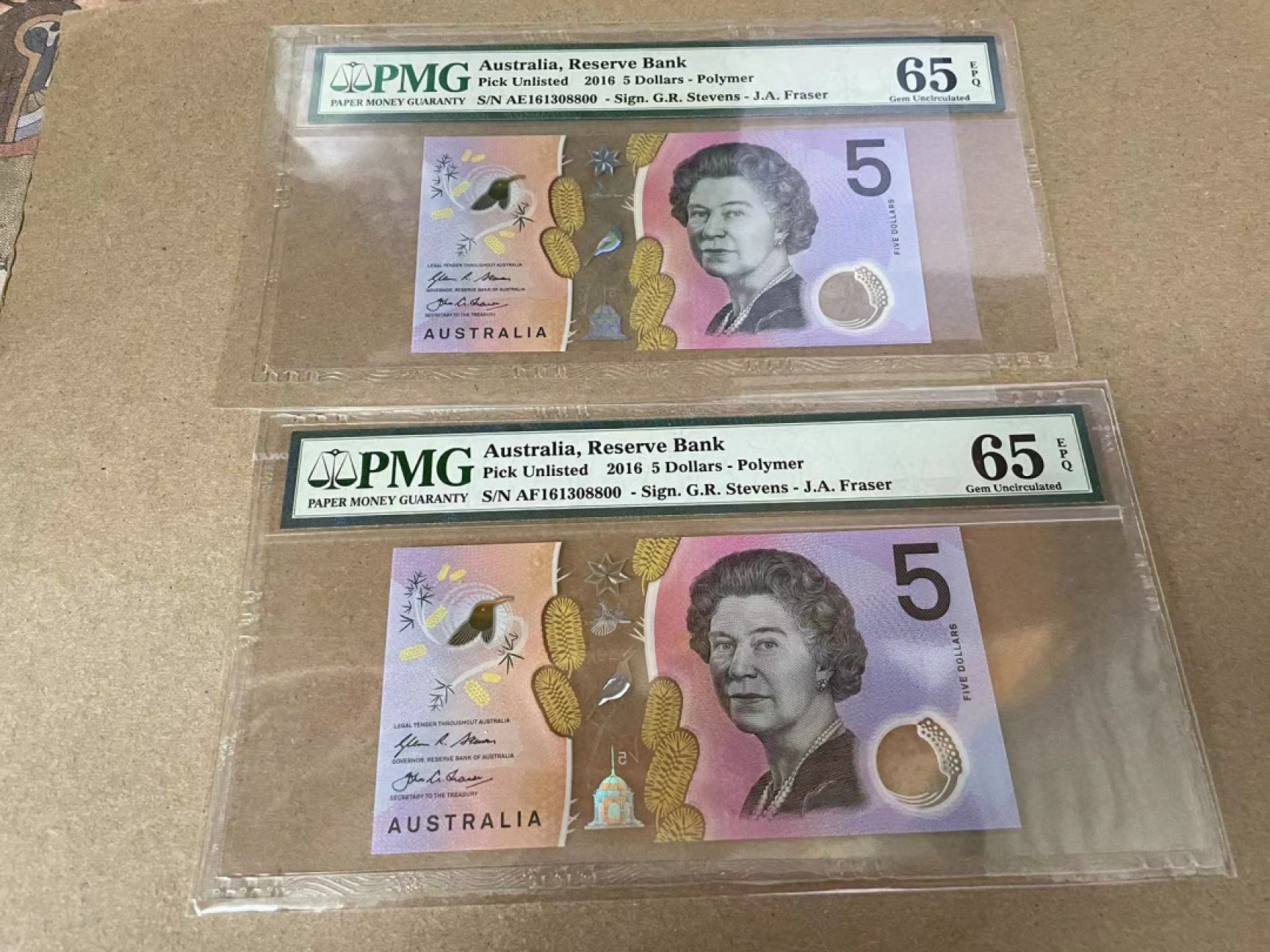 【Blue Auction】✨世界纸币精拍第309期——莫总专场XVII【精】 【一组2张 全同号无47】澳大利亚 2016年5元 PMG65EPQ 