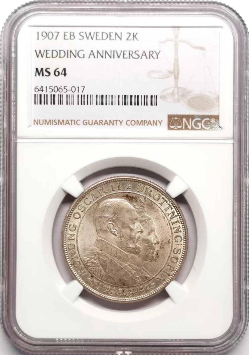 凡希社世界钱币微拍第二百三十四期 1907瑞典金婚2克朗银币NGC-MS64