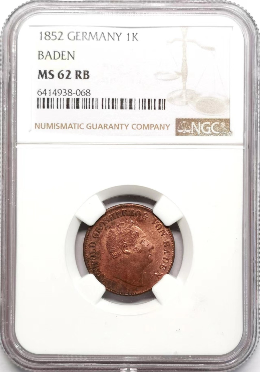 凡希社世界钱币微拍第二百三十四期 1852巴登头像版1K铜币NGC-MS62