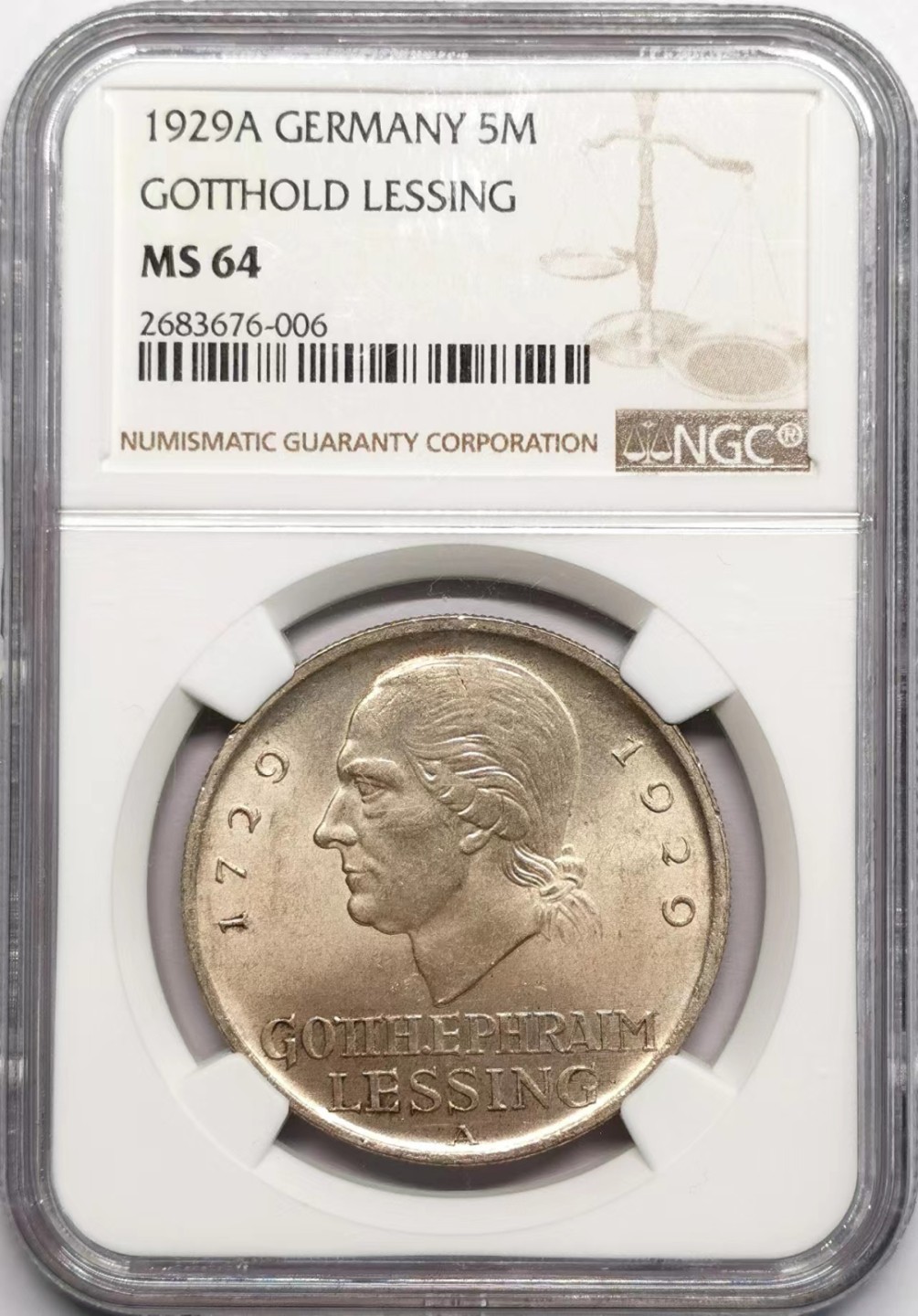 凡希社世界钱币微拍第二百三十四期 1929A魏玛德国莱辛5马克大银NGC-MS64