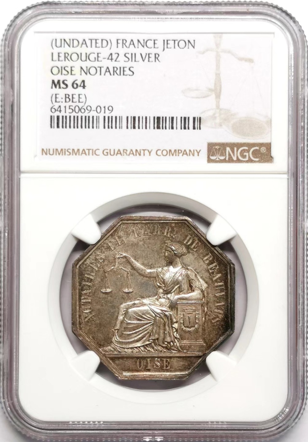 凡希社世界钱币微拍第二百三十四期 十九世纪法国瓦兹公证处八角银章NGC-MS64