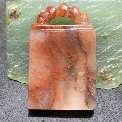 老挝朱砂结晶冻雕刻如意钮章料一方， - 老挝朱砂结晶冻雕刻如意钮章料一方，