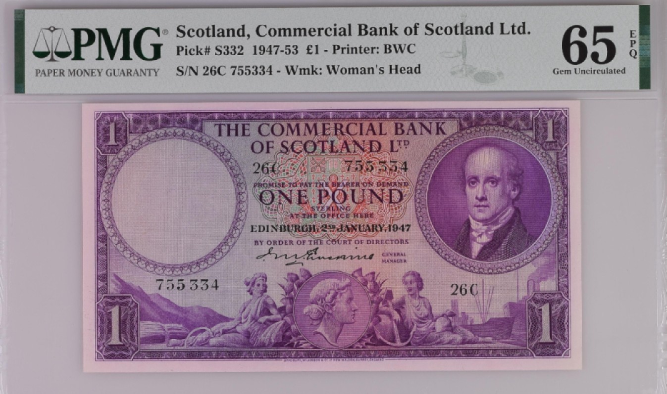 【Blue Auction】✨世界纸币精拍第309期——莫总专场XVII【精】 【仅1张更高分】苏格兰 1947年1镑 BWC雕刻非常精美 PMG65EPQ